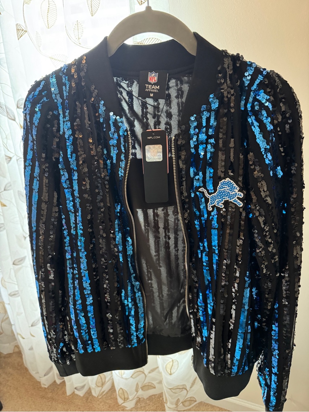 Detroit Lions NFL Women's Black and Blue Sequin Team Bomber Jacket